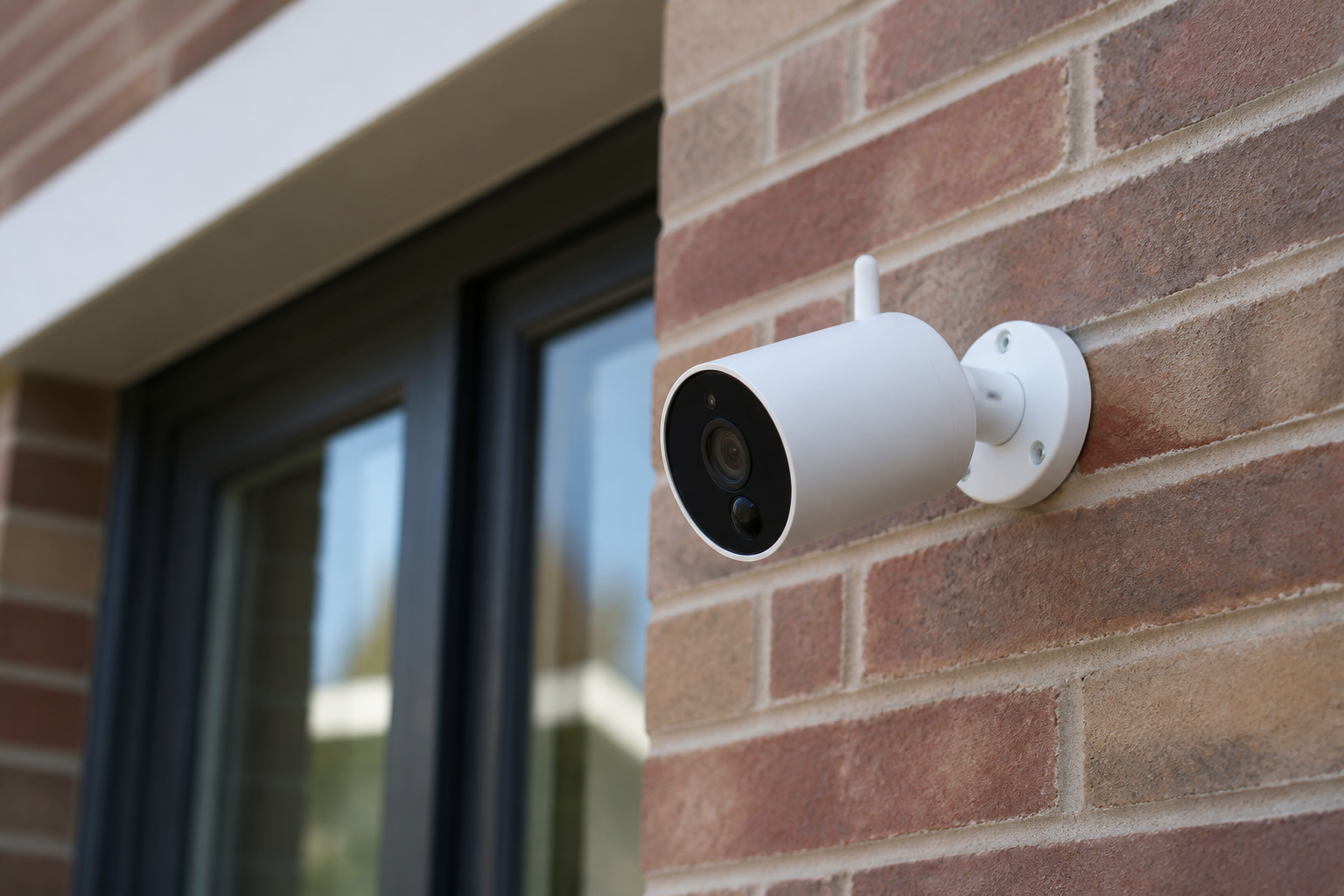 Outdoor home camera on brick wall